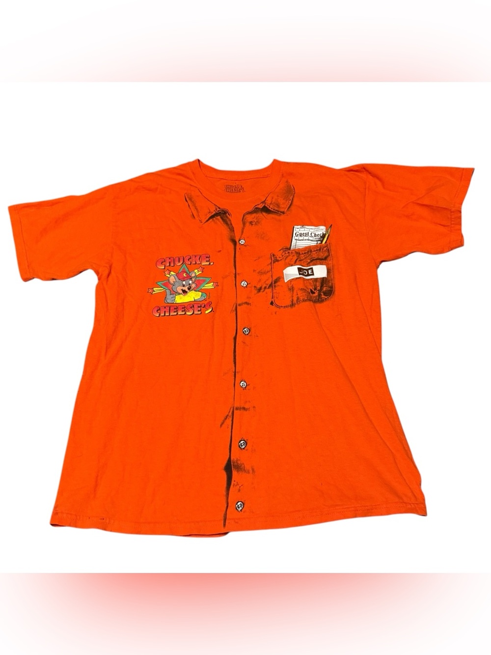 Chuck E Cheese Cosplay Employee Uniform T-shirt  Size Large Orange